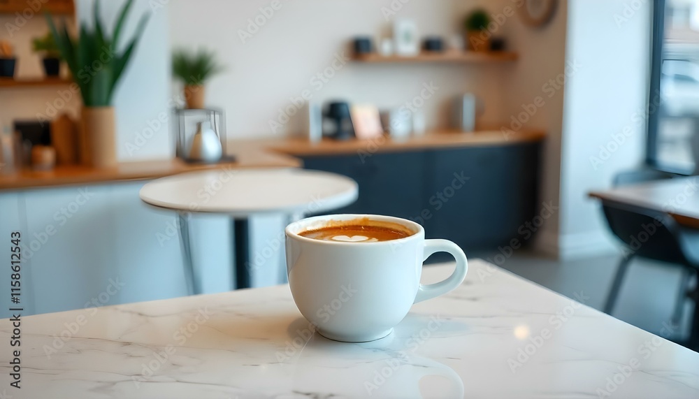 Minimalist espresso in a small white cup on a marble countertop, with delicate latte art foam and stylish accents of a modern café in the background. Stock photography 32K, UHD, Ultra HD quality, high Minimalist espresso in a small white cup on a marble countertop, with delicate latte art foam and stylish accents of a modern café in the background. Stock photography 32K, UHD, Ultra HD quality, high