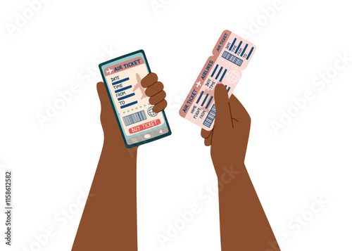 The concept of travel and buying plane tickets online. Human hands holding smartphone and airplane ticket. Vacation and business trip concept. Vector flat clipart.
