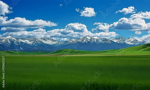 Snow capped mountains surrounded by lush green grass and thick clouds photo