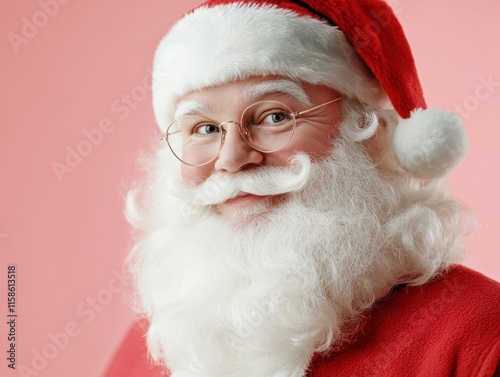 A cheerful Santa Claus with glasses and a fluffy white beard smiling against a pink background, creating a festive and joyful atmosphere with a bokeh effect. photo