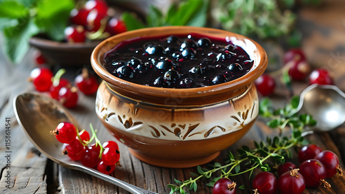 Delicious homemade blackcurrant jam in a rustic ceramic bowl, surrounded by fresh berries and herbs.  Concept of homemade food, healthy eating, and traditional recipes. photo