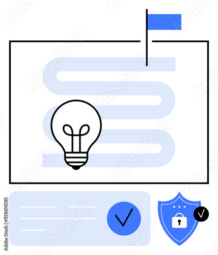 Light bulb over winding path ending at flag, shield with lock, checkmark highlighting validation. Ideal for innovation, goals, security, project planning, achievement progress idea formation. Line