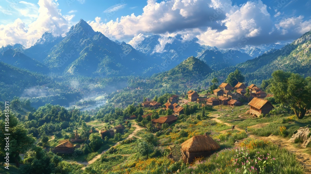 A village with beautiful scenery during the day A village with beautiful scenery during the day