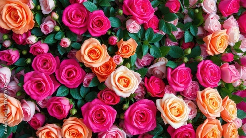 Beautiful and vibrant roses creating a stunning flower wall backdrop, decoration, roses