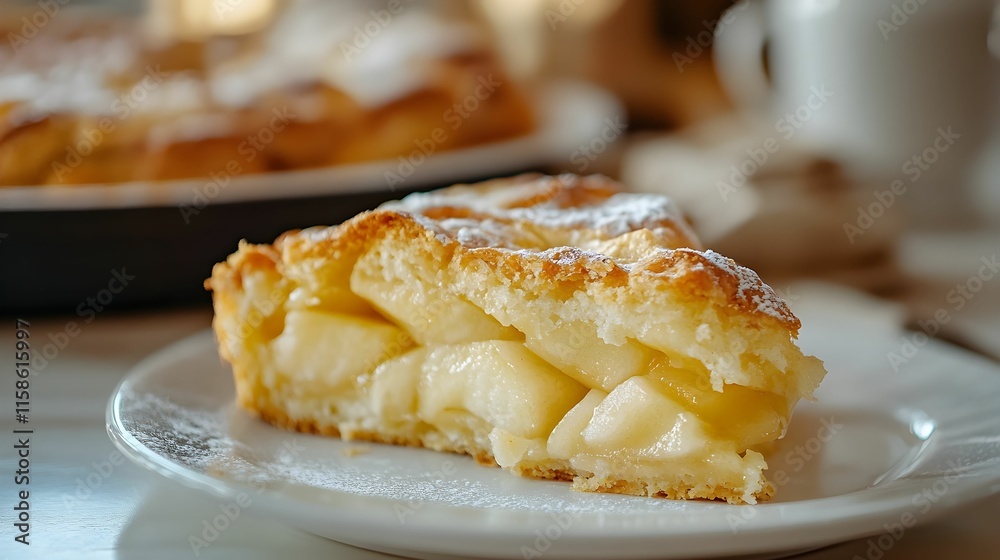 Freshly baked apple pie served on a plate in a cozy setting during afternoon tea Freshly baked apple pie served on a plate in a cozy setting during afternoon tea