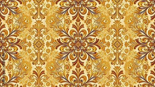 Intricately designed seamless damask wallpaper in gold and white colors, decoration, texture photo