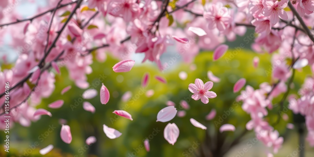 Pink sakura petals falling gently in the background of a serene garden scene, season, spring Pink sakura petals falling gently in the background of a serene garden scene, season, spring