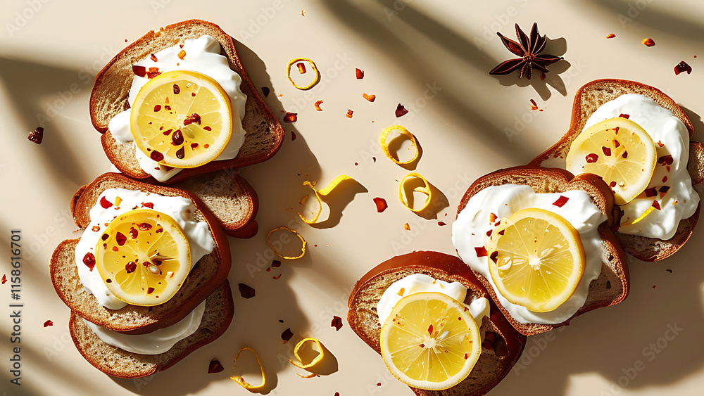 Overhead shot of lemon ricotta toast with chili flakes and star anise. Delicious and healthy breakfast or brunch concept. Overhead shot of lemon ricotta toast with chili flakes and star anise. Delicious and healthy breakfast or brunch concept.