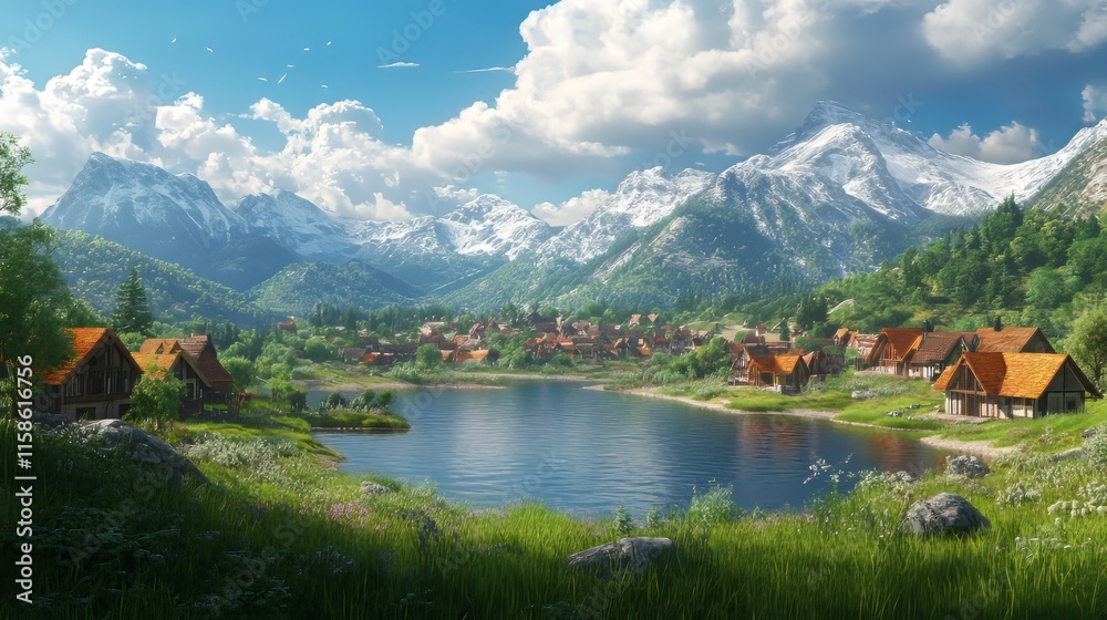 A village with beautiful scenery during the day A village with beautiful scenery during the day
