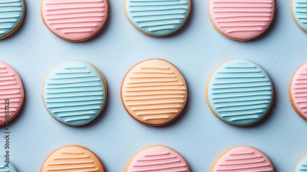 Obraz premium Pastel cookies idea. Delicious pastel-colored cookies with striped icing arranged neatly in rows.