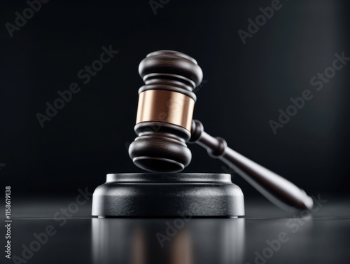 A judge's gavel rests on a sound block in a courtroom setting, conveying themes of law and authority against a dark background. photo