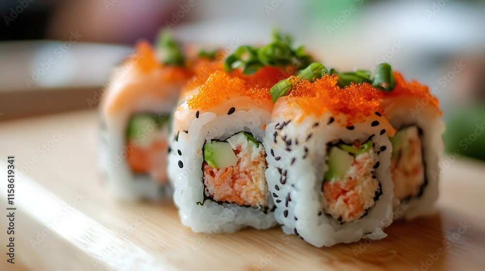 Delicious Salmon Sushi Rolls with Tobiko Delicious Salmon Sushi Rolls with Tobiko