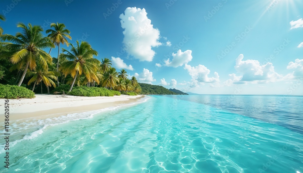 Fototapeta premium A tropical sandy beach with crystal clear blue waters and palm trees and white clouds in the sky