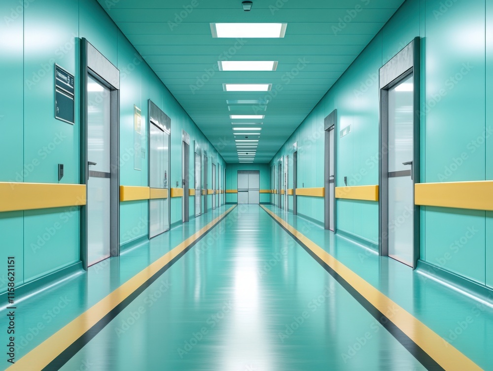 Obraz premium A motion blurred photograph of a hospital corridor featuring teal walls and bright lighting, creating a clean and sterile atmosphere.