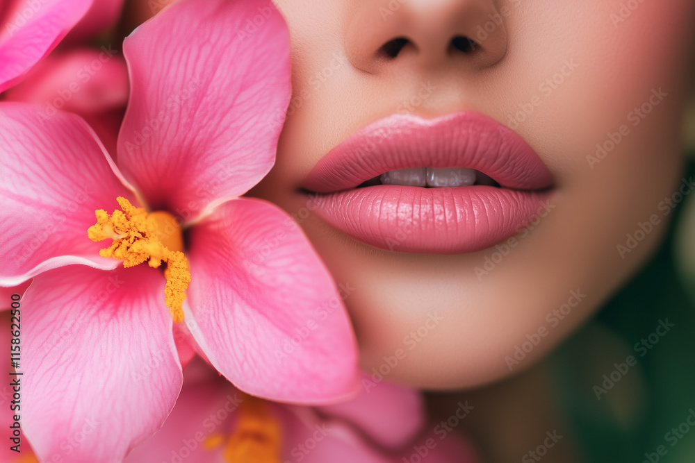Close up photo of beautiful pink woman's lip. Generative Ai. Close up photo of beautiful pink woman's lip. Generative Ai.
