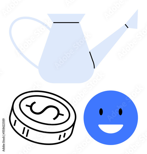 Watering can, coin with dollar sign, and smiling face symbolizing nurturing financial growth and personal happiness. Ideal for financial concepts, investing, savings, economic growth, success