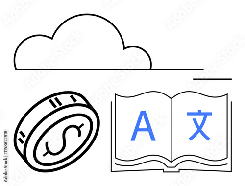 Cloud above coin with dollar symbol and open book with letters A and Chinese character. Ideal for cloud computing, finance, language learning, education, globalization, technology, savings. Line photo