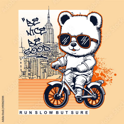 Bicycle Running slowly but surely with a cute bear, vector illustration