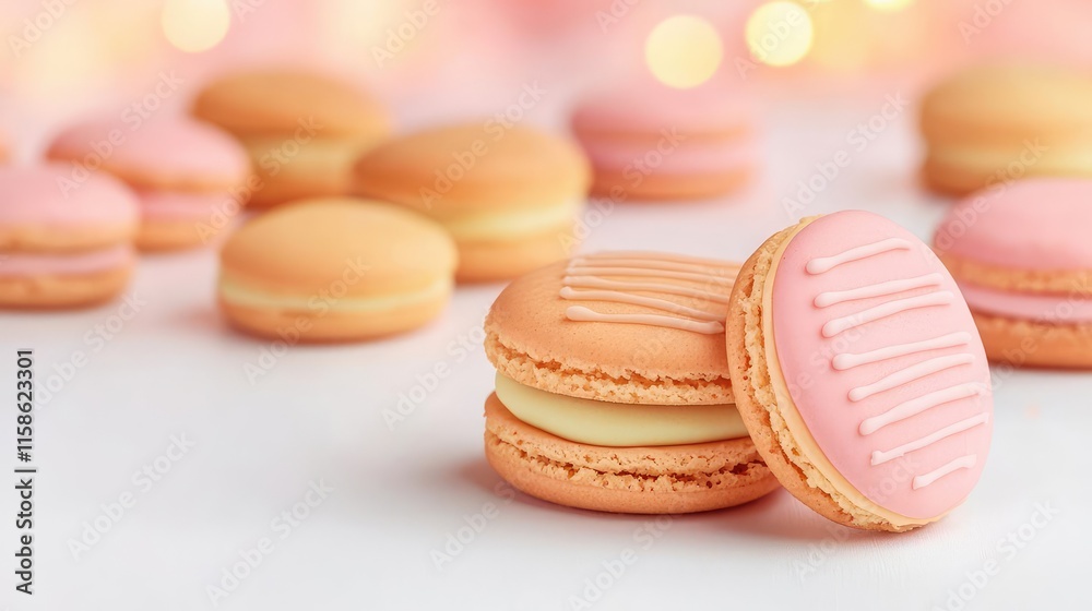 Fototapeta premium Pastel cookies idea. Colorful macarons arranged elegantly, perfect for dessert lovers and special occasions.
