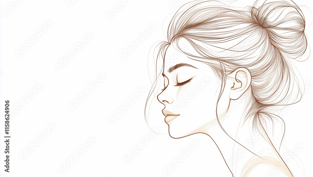 Serene woman profile, elegant hair bun, minimalist line art. Serene woman profile, elegant hair bun, minimalist line art.