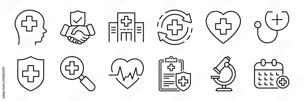 set of healthcare thin line icon. contain health checkup, hospital, insurance, safety, injury, diagnosis, treatment, recovery, medical icon collections. vector illustration set of healthcare thin line icon. contain health checkup, hospital, insurance, safety, injury, diagnosis, treatment, recovery, medical icon collections. vector illustration