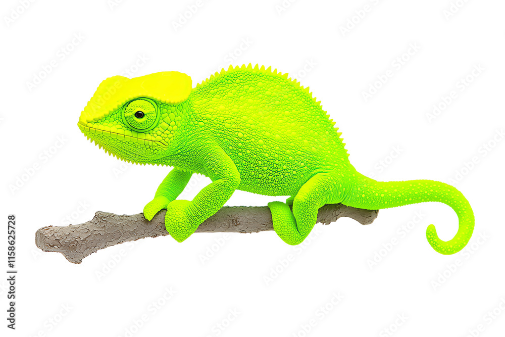 Fototapeta premium A vibrant green chameleon perches on a branch, showcasing its distinctive textured skin and unique color.
