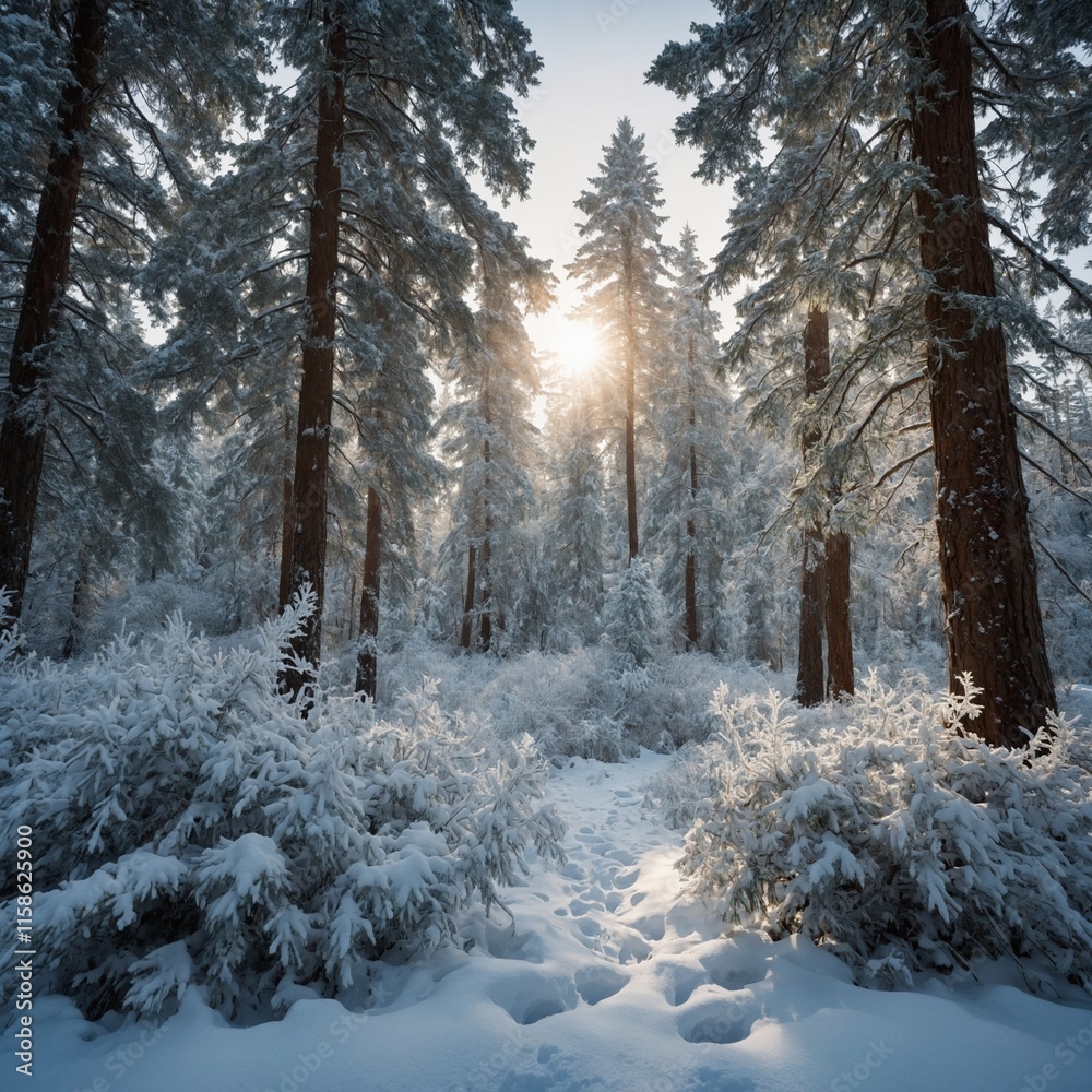 Create a serene winter landscape featuring a snow-covered forest. Create a serene winter landscape featuring a snow-covered forest.