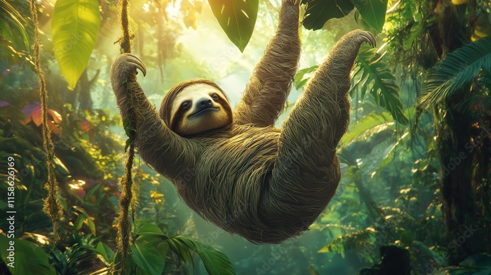 A Three Toed Sloth Hanging In A Lush Rainforest A Three Toed Sloth Hanging In A Lush Rainforest