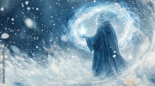 Enchanting Winter Wizard Casting a Frosty Spell with a Magical Dragon Surrounding in a Whimsical Atmosphere During the Holiday Season