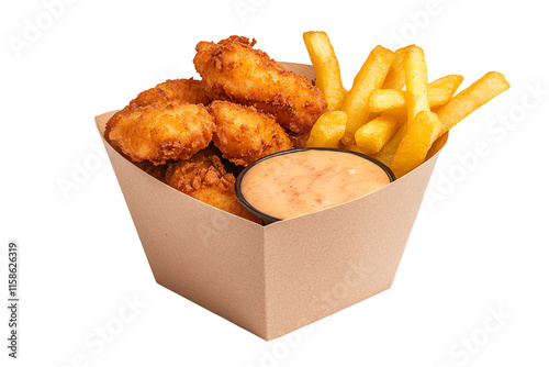 A box filled with crispy fried chicken pieces, golden fries, and a creamy dipping sauce.