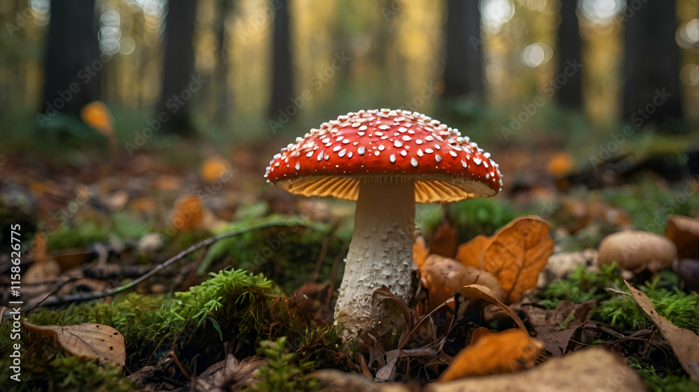 Autumn background. Amanita muscaria mushroom in autumn forest. harvest fungi concept. Fly agaric, wild poisonous mushrooms growing in forest. Selective focus Autumn background. Amanita muscaria mushroom in autumn forest. harvest fungi concept. Fly agaric, wild poisonous mushrooms growing in forest. Selective focus