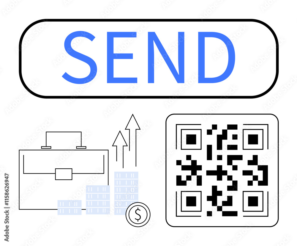 SEND button with QR code next to briefcase, stacked coins, and upward arrows indicating growth. Ideal for financial services, digital payments, business transactions, technology, mobile banking SEND button with QR code next to briefcase, stacked coins, and upward arrows indicating growth. Ideal for financial services, digital payments, business transactions, technology, mobile banking