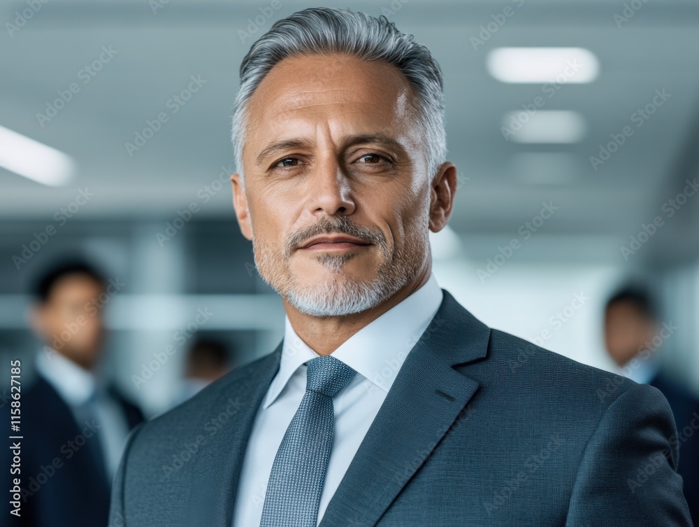 Naklejka premium A confident businessman with gray hair and a beard is dressed in a sharp suit, standing in a modern office setting. The background is softly blurred.