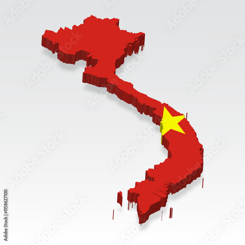 3D  Vietnam map with flag. Three dimensional map of Vietnam with shadow. Flag of Socialist Republic of Vietnam on white background for your design, app, UI.  Stock vector. EPS10. 