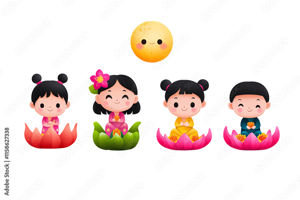 Four cheerful cartoon children seated on colorful lotus flowers with a smiling sun above them. Four cheerful cartoon children seated on colorful lotus flowers with a smiling sun above them.