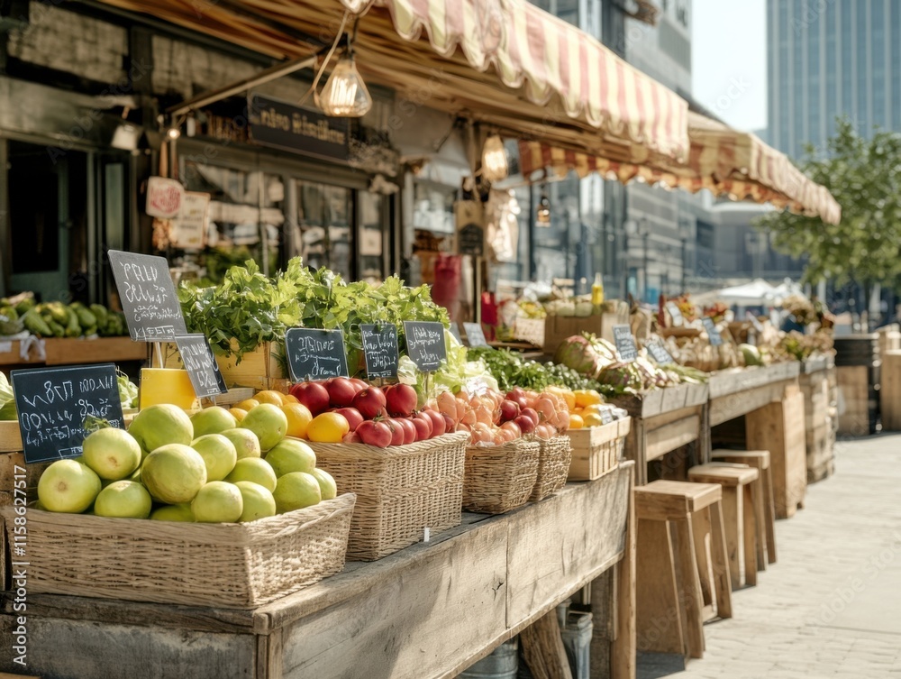 Fototapeta premium A vibrant farmer's market stall displays a variety of fresh vegetables and fruits in wicker baskets, with chalkboard signs under a striped canopy.