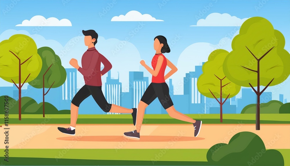 Man and woman run in park. Illustration of couple runners jogging Man and woman run in park. Illustration of couple runners jogging