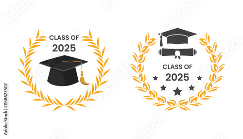 2025 class graduate. The concept of decorate congratulation with laurel gold for class of 2025 graduates. Design for t-shirt, flyer, invitation, greeting card.
