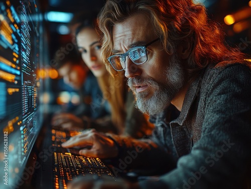 A dynamic scene of focused software developers coding intensely in a dimly lit workspace, surrounded by glowing screens displaying code. photo