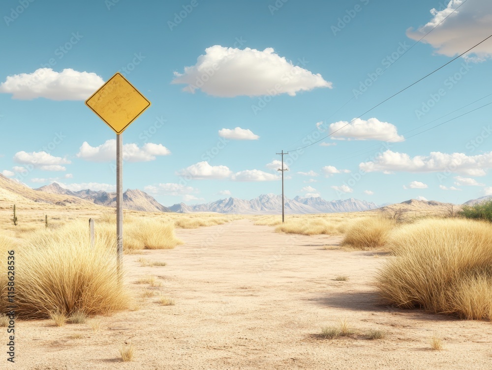 A vast desert landscape with a distant mountain range under a clear blue sky. A yellow road sign stands amidst sandy terrain and sparse grass. A vast desert landscape with a distant mountain range under a clear blue sky. A yellow road sign stands amidst sandy terrain and sparse grass.