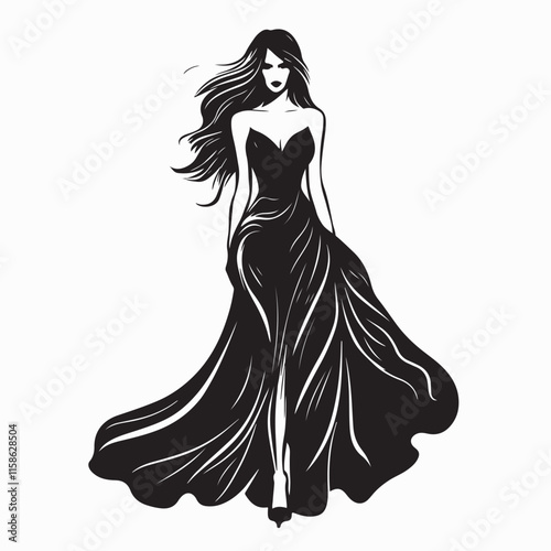 Beautiful Female Fashion Model in Black Dress Stock image vector isolated on white background.