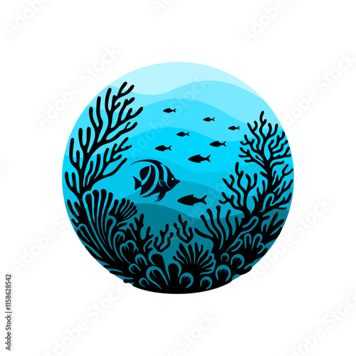 Coral reef logo vector illustration template. Art icon of seaweed in circle