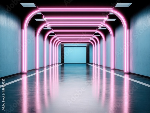 A 3D-rendered hallway with neon pink and blue lights creates a futuristic and abstract ambiance, reflecting on the glossy floor.