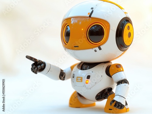 A cute, futuristic robot with orange and white features is pointing to an open space, showcasing a friendly and inviting demeanor. photo