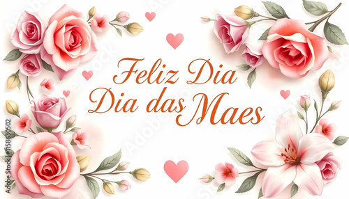 Feliz Dia das Maes: A Beautiful Mother's Day Card Featuring Delicate Roses and Lilies photo