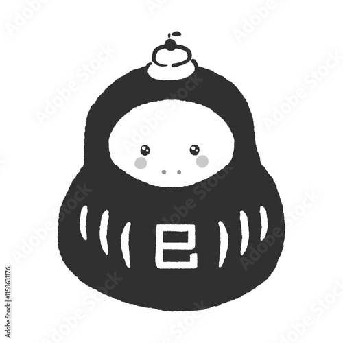 鏡餅を頭に乗せた福だるまの着ぐるみを着たかわいいヘビ - 巳年 /2025年の干支の年賀状素材