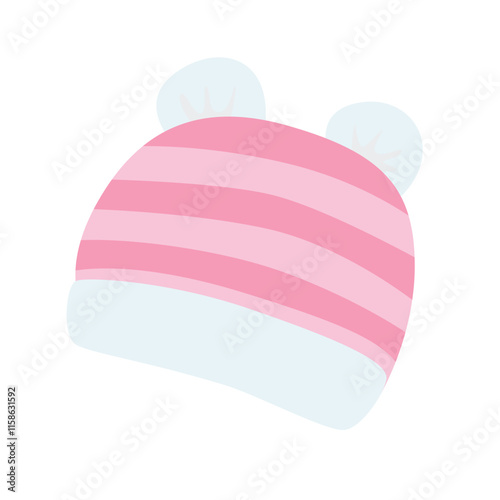 Newborn hat vector illustration in cartoon style isolated on white background. Pink baby hat clipart in flat design with bear ears and stripe pattern. Baby shower, baby element.