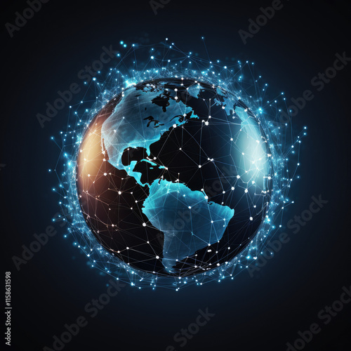 Minimalist illustration of a sleek globe, with glowing digital connection on dark background