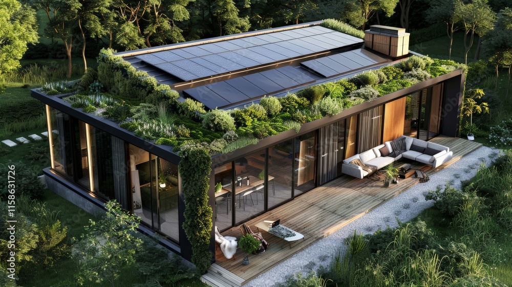 Modern eco-friendly house with solar panels and a green roof Modern eco-friendly house with solar panels and a green roof