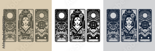 hand-drawn geisha playing card tattoo design